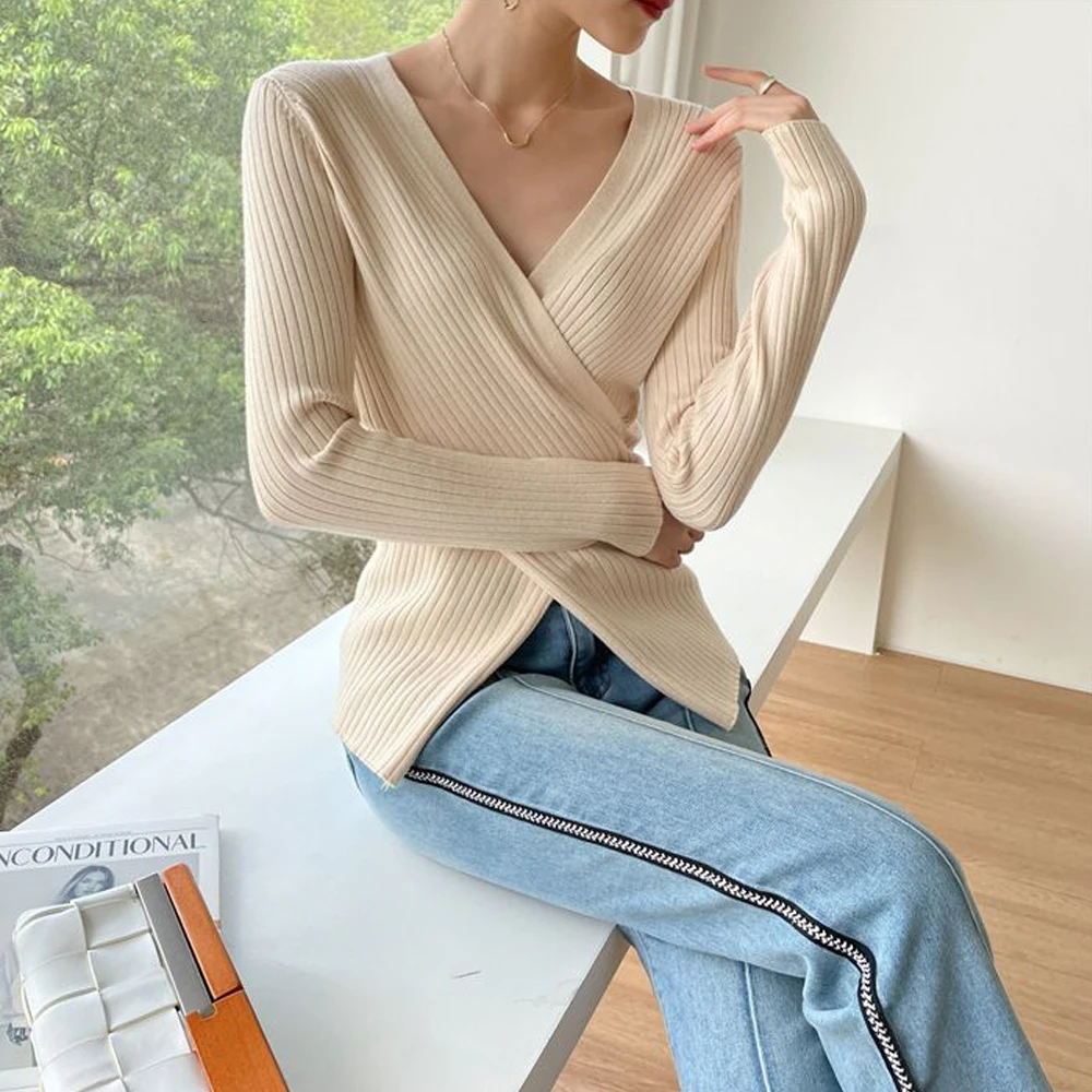 

Cross V-neck Design Sense Top Pullovers Women Black White Coffee Lnner Wear Elastic Knit Shirt Slim Fit Long Sleeve Sweater