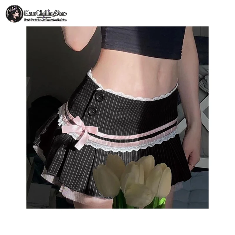 Black Pinstripe Button Detail Mini Skirt Pink Bow Ribbon White Lace Trim Low Waist Womens Casual Flared Hem Short Pleated Skirt