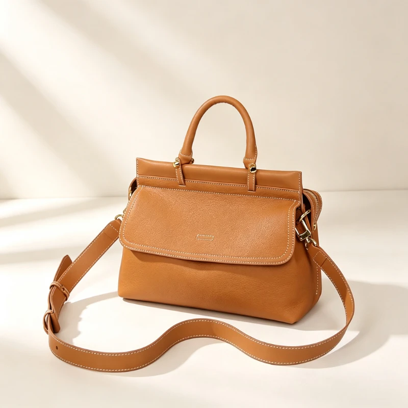 Women Luxury Genuine Top Grain Cow Leather Flap Handbag Soft Large Shoulder Bag European Fashion Daily Commute Crossbody Handbag