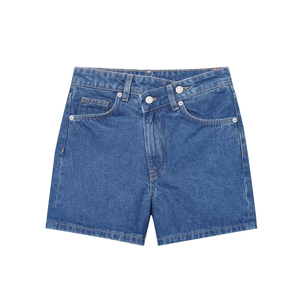 شورت جينز نسائي بخصر متقاطع عالي الخصر من قماش الدنيم بتصميم قديم شورت جينز مريح أنيق للنساء