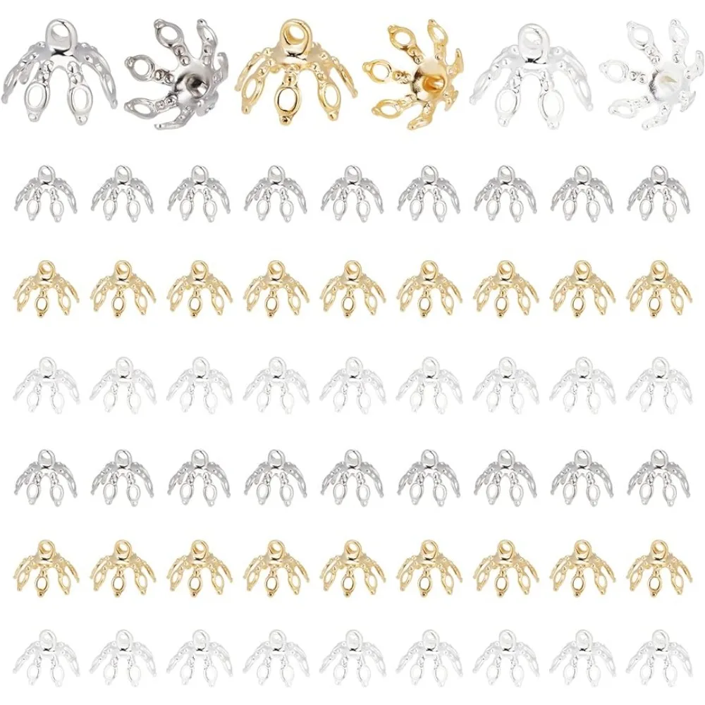 

Flower Bead Cap 60pcs 3 Colors Brass Bell Bead Cap Bails End Charm Caps with 7 Loop Filigree Prong Spacer Beads for Earrings