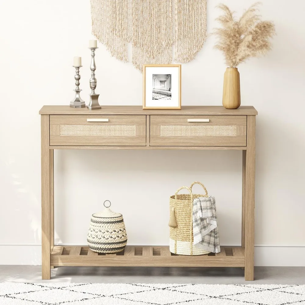 Консольный столик из ротанга в стиле бохо с ящиками и местом для хранения вещей, узкий столик в прихожей, небольшой входной столик для гостиной, фойе, B