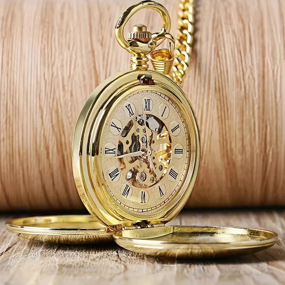 Classic Double Cover Mechanical Pocket Watch Smooth Case Skeleton Dial Roman Numerals Hand Wind Fob Watch With Chain Men Woman
