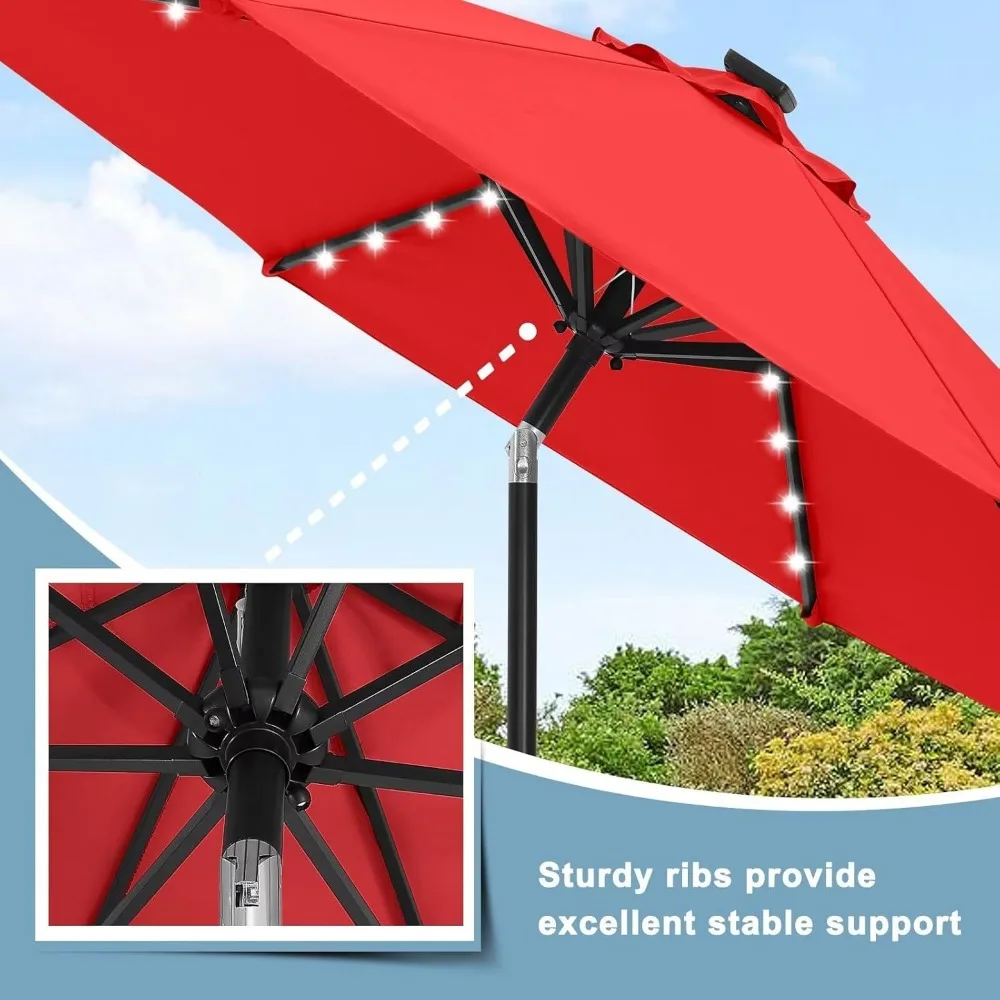 Durable Solar LED Patio Umbrella with 32 Lights, 9FT Red, Wind-Resistant for Outdoor Tables