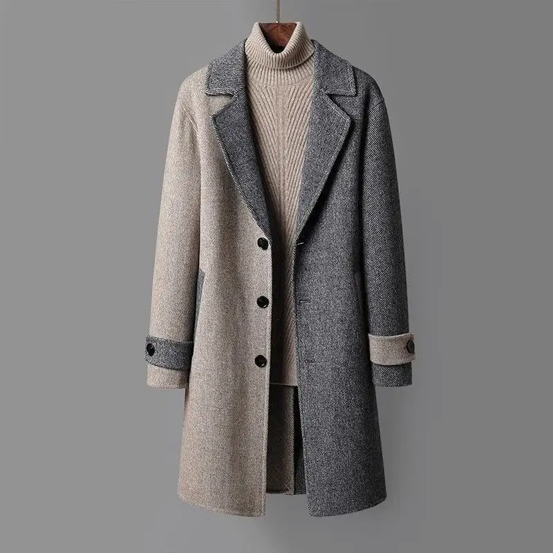 Men's clothing autumn and winter high quality long woolen coat fashionable loose windbreaker suit collar color matching coat