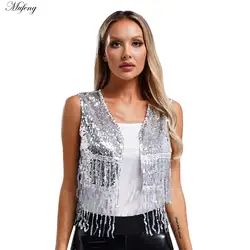 Women Shiny Sequin Waistcoat Cowgirl Vest Top Open Front Sleeveless Tassel Cardigan Waistcoat Vintage 70s Disco Jazz Dancewear