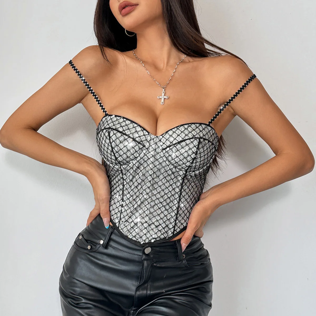 

Sexy Strapless Corset Top, Faux Leather & Lace Bustier for Party & Night Out Amazon Exteriors Street Style Spice Checked Sequins