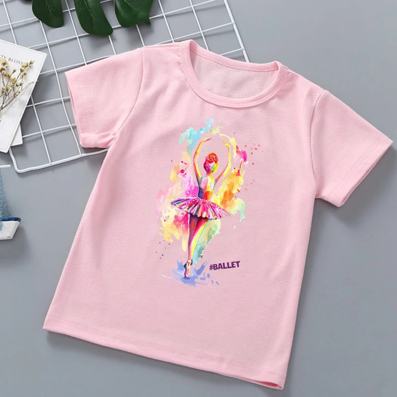 2024 akwarelowa tancerka baletowa z nadrukiem T-Shirt dziewczęcy Harajuku Kawaii dziecięce ubrania białe koszulka z krótkim rękawkiem letnie T-Shirt