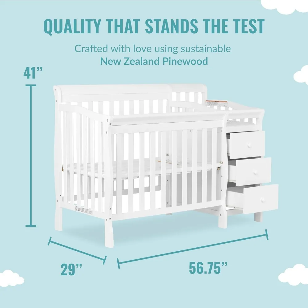 4-in-1 Mini Convertible Crib And Changer in White, Greenguard Gold Certified, Non-Toxic Finish, New Zealand Pinewood