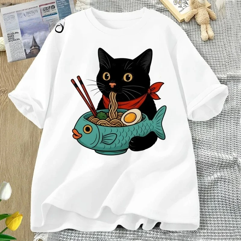 Cat Lover T Shirt Women Funny Ramen Cat T-Shirt Noodle Kawaii Japanese Food Cats Tee Casual Short Sleeve Round Neck Clothing Y2K