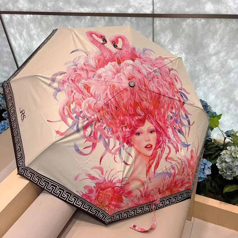 

Flamingo Fashion Sunshade Umbrella for Women, Dual Use Sunscreen and UV Protection, Black Glue Folding Fully Automatic Umbrella