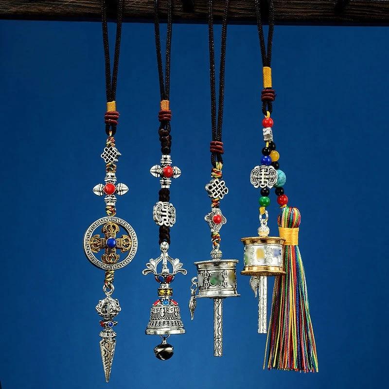 Tibetan Vajra Cross Pendant Keychain Mini Prayer Wheel Souvenir with Colorful Tassel