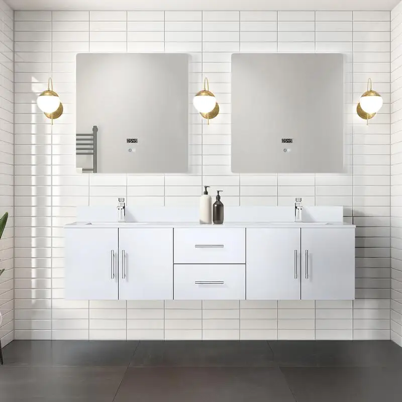 Vanité de bain double blanc brillant de 72 pouces avec profondeur de 22 pouces, plateau en marbre de culture, ensemble de robinets et miroirs LED de 30 pouces