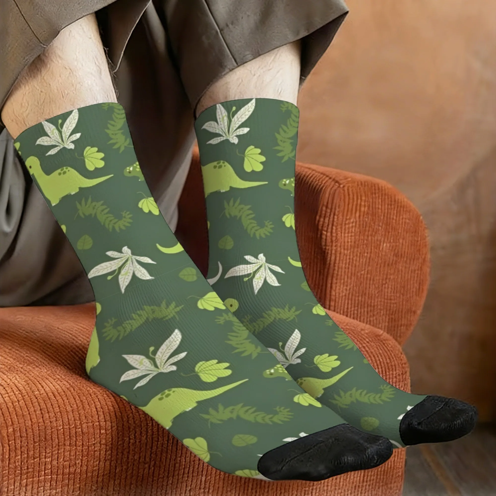 Cartoon Dinosaur Green Plant Socks Skin-friendly Breathable Smooth Men's Socks Fitness Hiking Camping Stylish Cute Graphic Socks