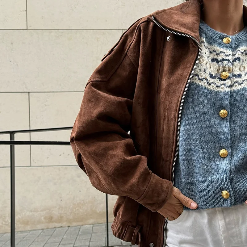 Vintage-Jacke aus massivem Kunstwildleder mit Reißverschluss für Damen, modisch, elastische Taille, Taschen, Reverskragen, locker geschnittener Mantel, Damen-Alltags-Street-Outfit. – Detail 31