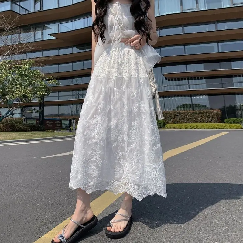 Heavy Embroidery Lace White Hollow out A-Line Women's Skirt Summer New Style Half-length Long Draping Sensation Skirt