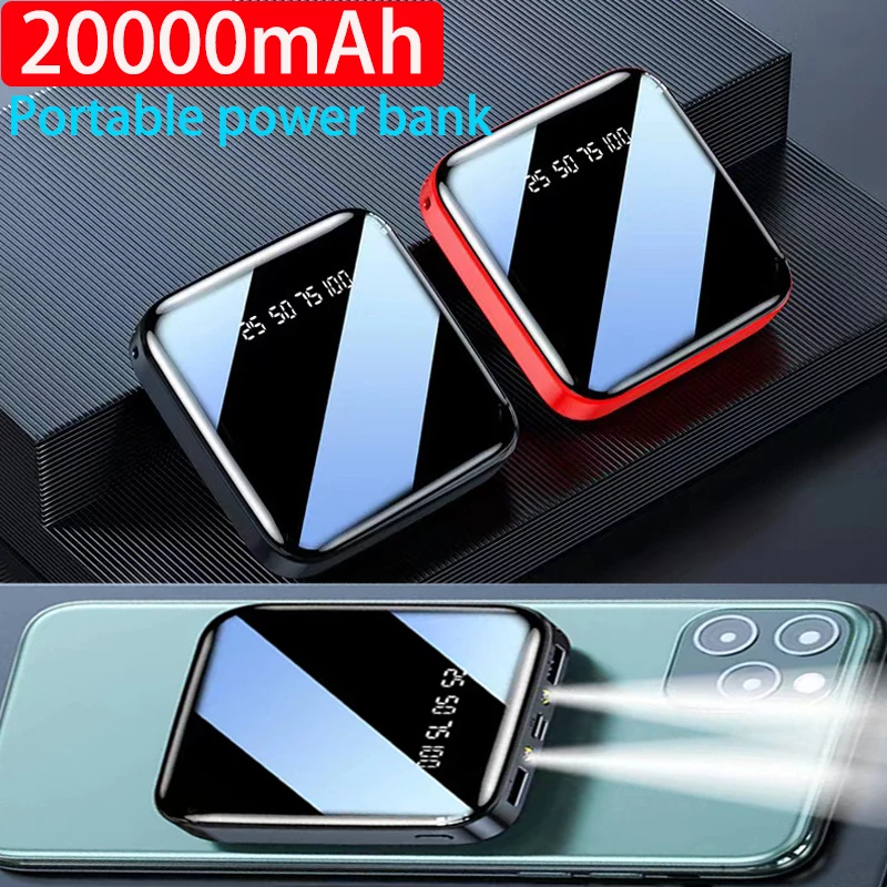 

20000mAh Power Bank Mirror Digital Display Screen Built-In Cord Mobile Power Supply Compact Portable Mobile Phone Accessories