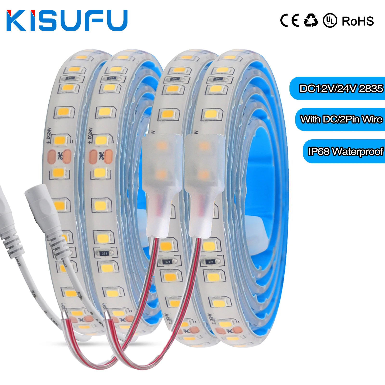 IP68 Waterproof LED Strip Light 2835 12V 24V 120LED/m with 2-pin Wire/ DC Plug Flexible Adhesive Tape 3000k/4500K/6000K 5m 10m