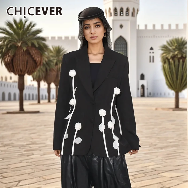 CHICEVER Designer Patchwork Appliques Blazer For Women Notched Collar Long Sleeve Spliced Button Chic Blazers Female Clothes New