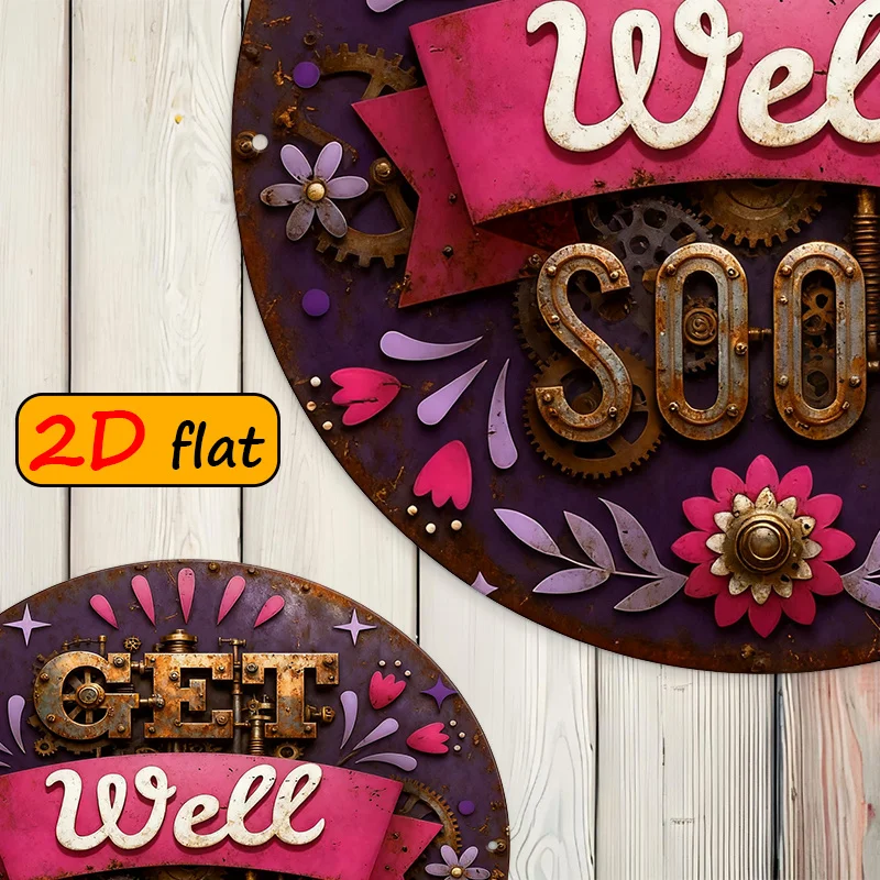 Steampunk Gear Floral Round Plaque ,2D Flat Vintage Outdoor Sign Decor Recovery Gift