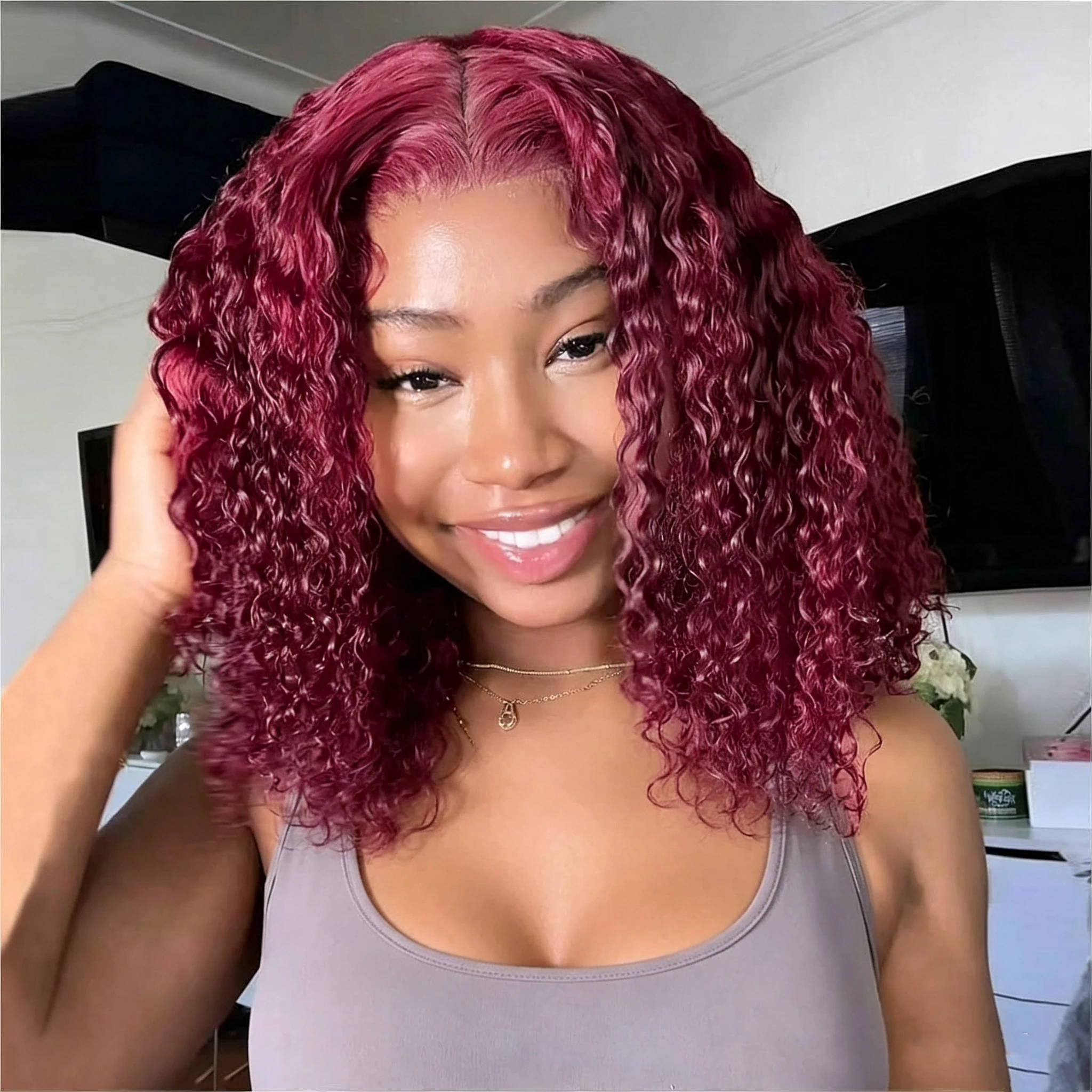 99J Burgundy Red Deep Wave Bob Wig 13x4 Lace Front Wig Short Curly Bob Lace Frontal Wig Pre Plucked Baby Hair Colored Wigs For Women 10‑16 Inch