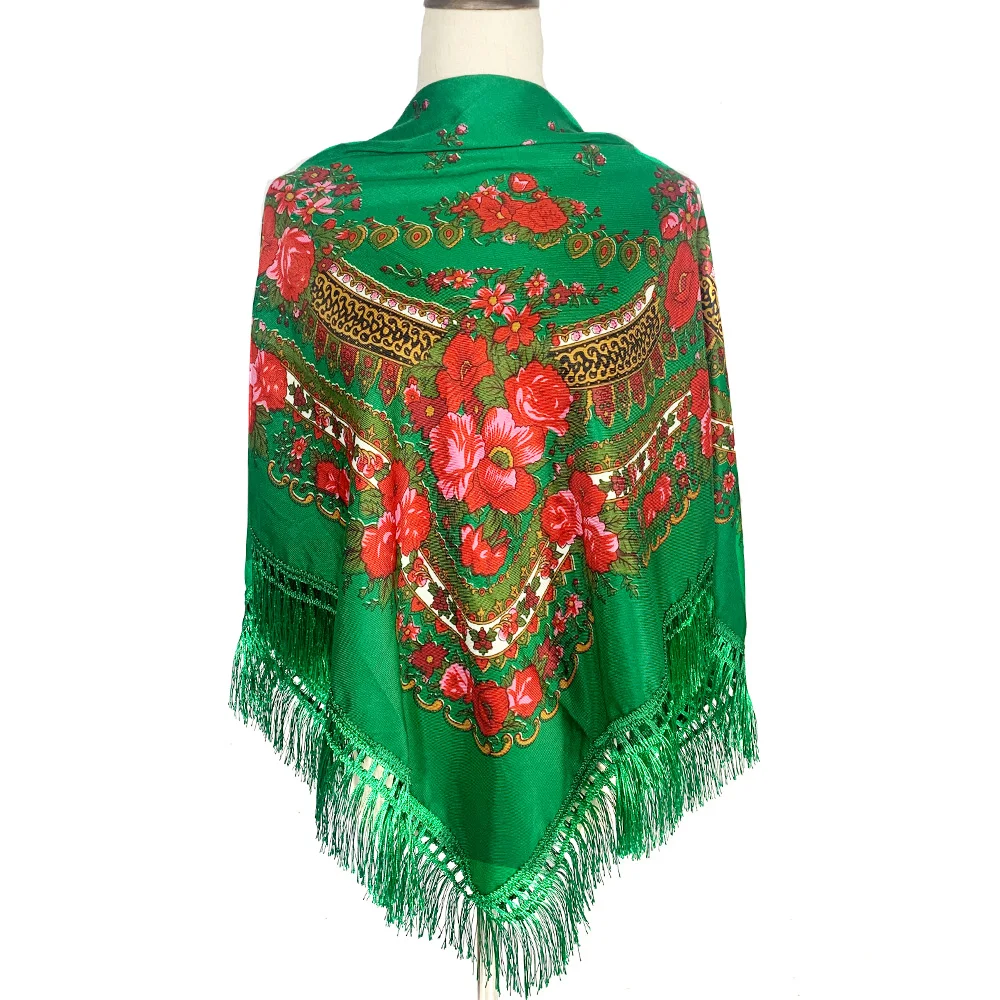 120*120Cm Traditional Russian Square Scarf Women\'s Floral Print Shawl Ethnic Retro Bandana Handkerchief Ukraine Fringed Headwrap