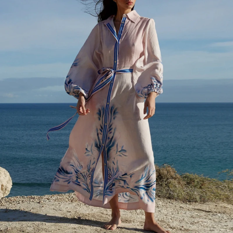 New 2025 Summer Long Sleeved Boho Dress Elegant Tie Up High Waist Holiday Dress Casual Pattern Print Single Breasted Women Dress