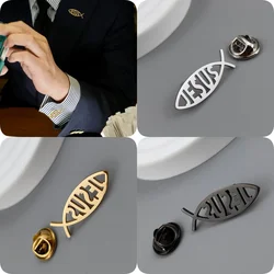 Stainless Steel Jesus Letter Fish Brooch Men's Shirt Suit Badge Pins Fashion Jewelry Accessories Religious Christian Gift