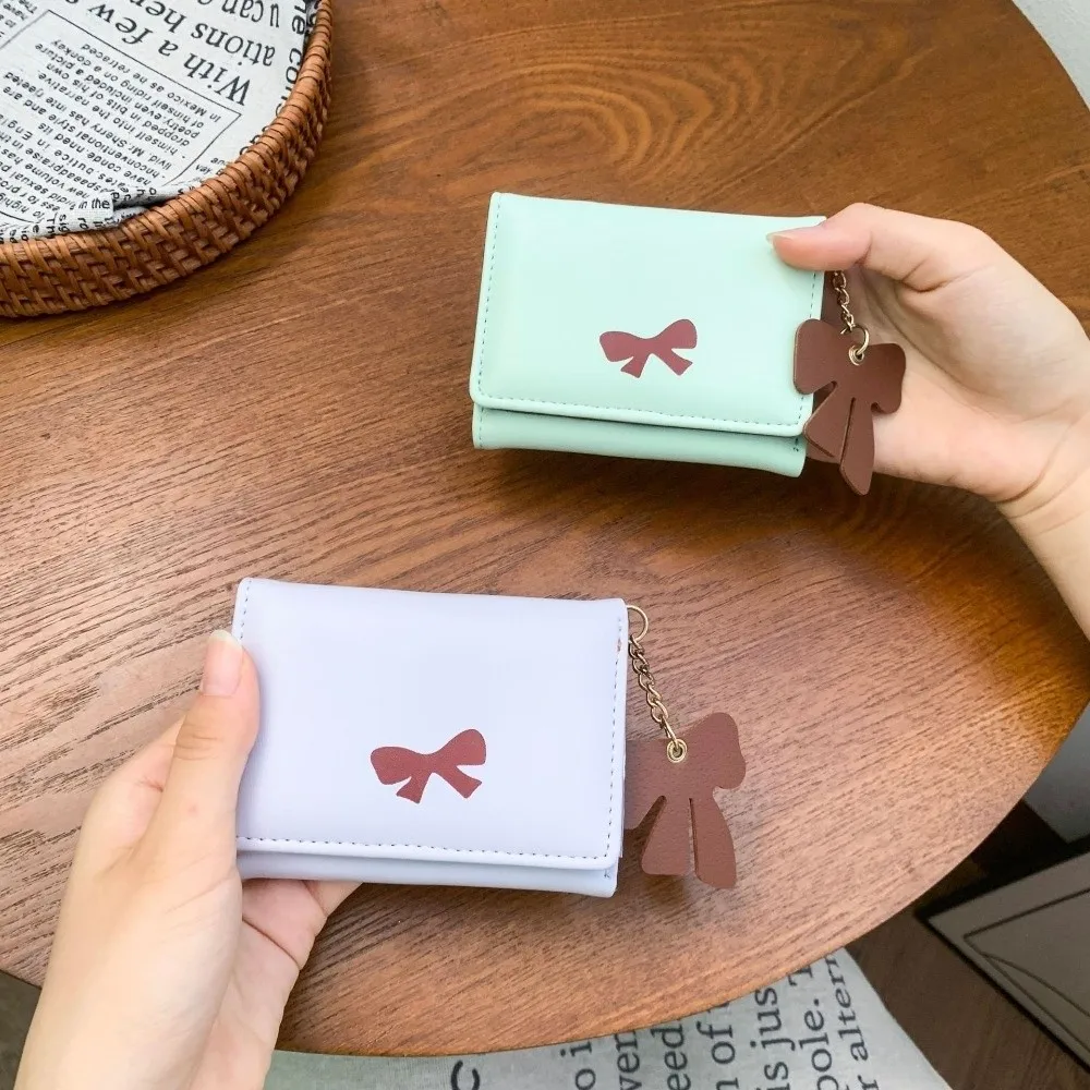 New Bow Card Holder Wallet with Bowknot Pendent Solid Color Coin Purse PU Leather Waterproof Zipper Clutch Bag Gifts
