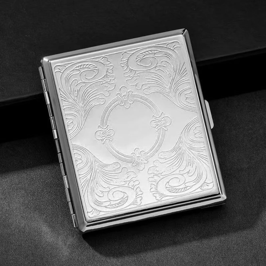 20-Cigarette （Freeform）Silver Stainless Steel Portable Metal Cigarette Case Flip Open Storage Box Travel Outdoor Smoking ( view 5
