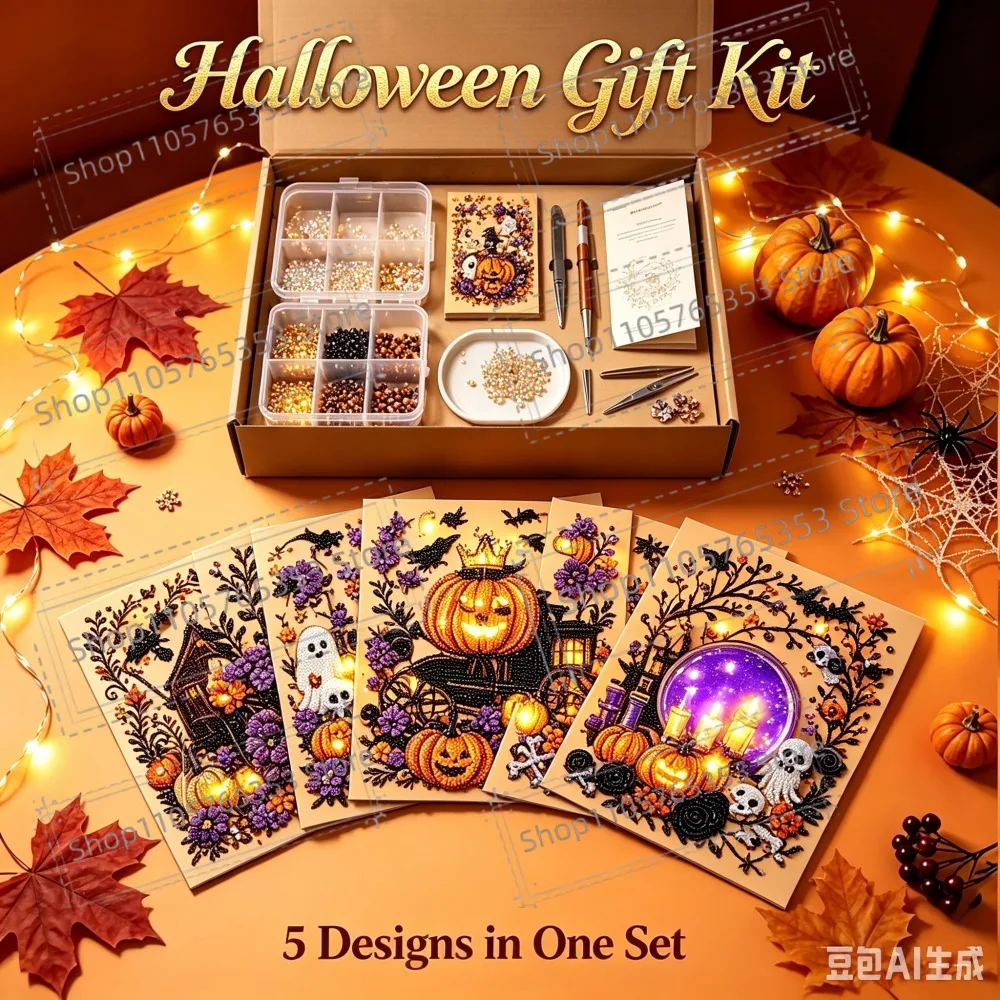 DIY Halloween Pearl Diamond Painting Art Kit with Frame, Home Wall Decor Art Craft Kit, Holiday Halloween Wall Decor Gift
