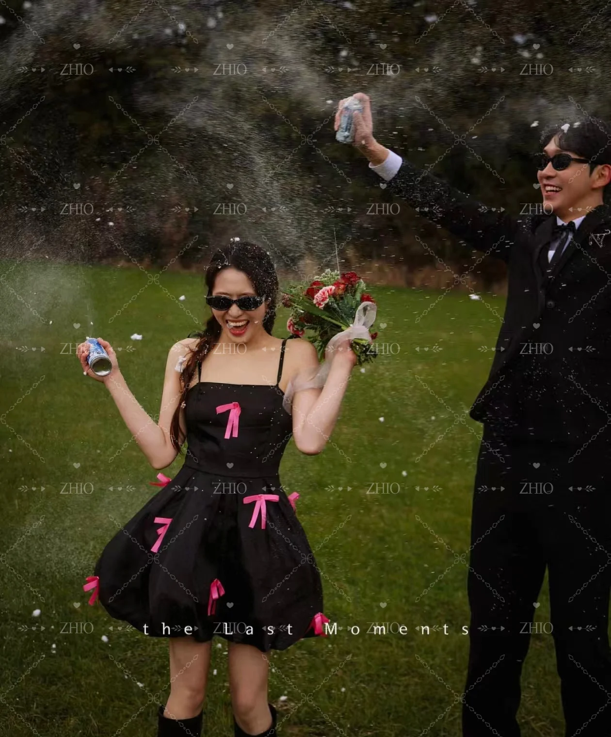 ZHIO Abito da cerimonia nuziale con fiocco rosa a contrasto nero Abito da compleanno con spalline per spaghetti Corea Servizio fotografico Abiti corti Personalizzati