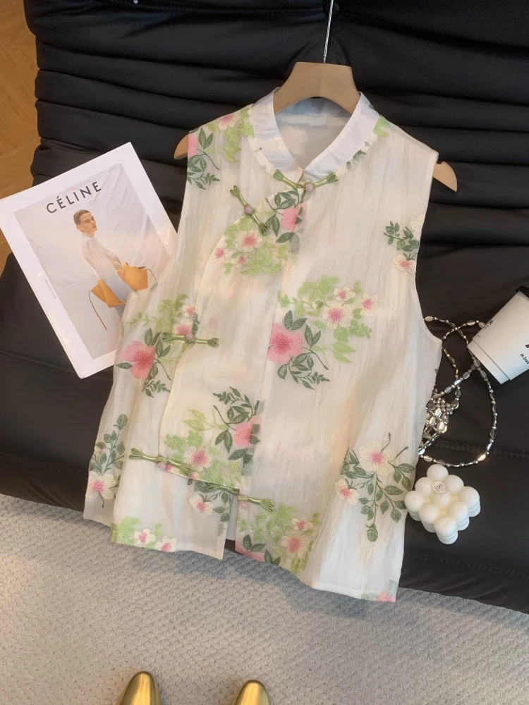 

Новый китайский тонкий свободный летний топ с вышивкой, женский модный жилет с воротником-стойкой, дышащий удобный хлопковый жилет