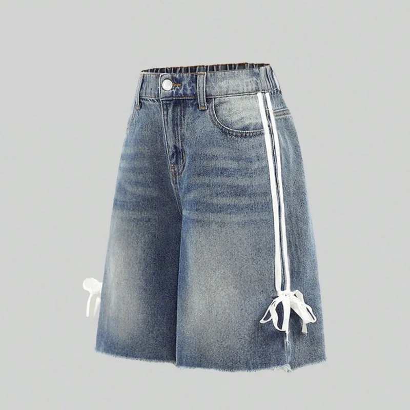 

Summer Female Chic Bowknots High Waist Short Jeans Lady Casual Fashion Thin Denim Shorts Girls Retro Knee-Length Shorts