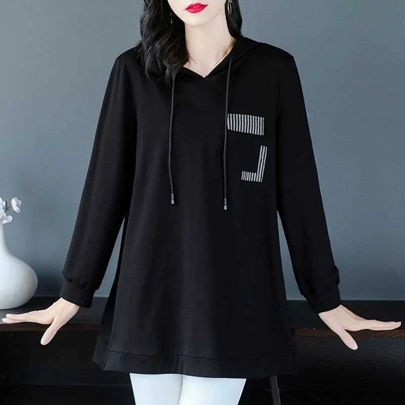 Fashion Loose Spliced Casual Lace Up Hooded T-Shirts Women Clothing 2024 Spring New Oversized All-match Tops Commuter Tee Shirt