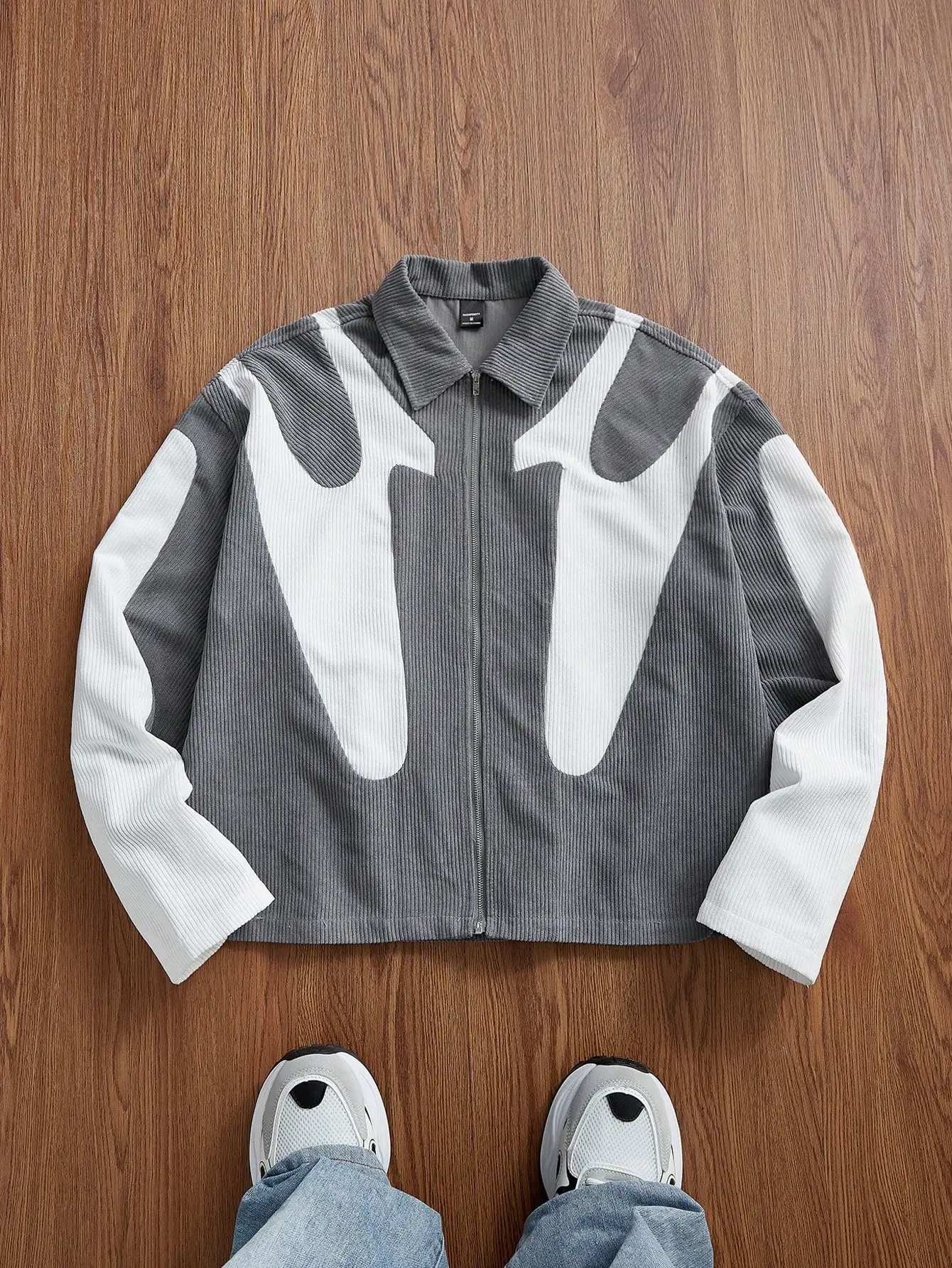 

Unisex Loose Fit Patchwork Corduroy Zip-Up Shirt with Abstract Graphic Design