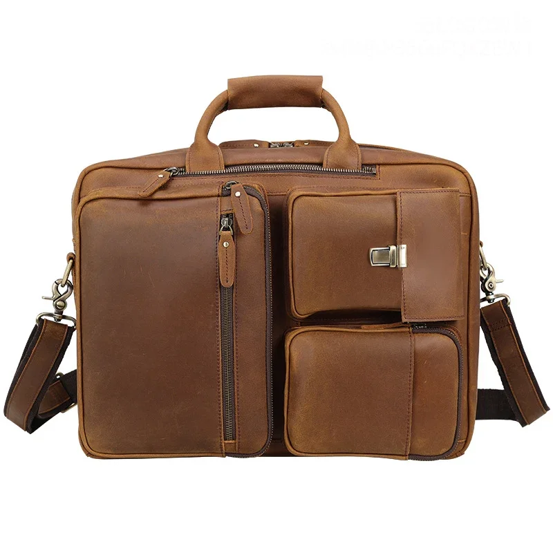 3 in 1 Men's Leather Briefcase Backpack Shoulder Bag Genuine Leather Crossbody Bag for Men Male Working Tote Multifunctional