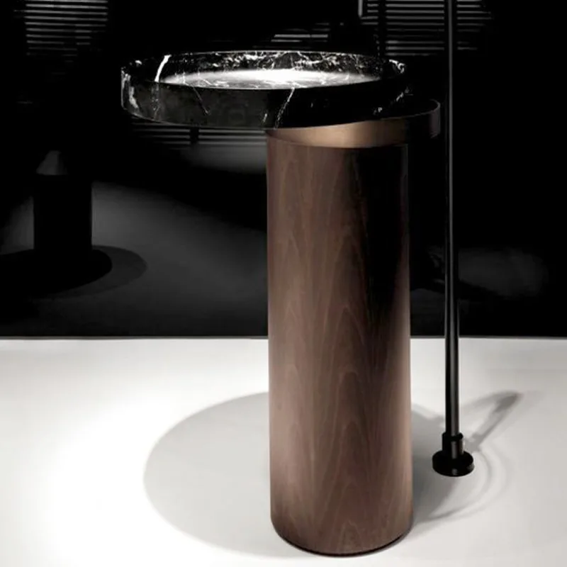 

ins Italian style column basin household floor washbasin simple washbasin wood grain artificial stone cylindrical washbasin