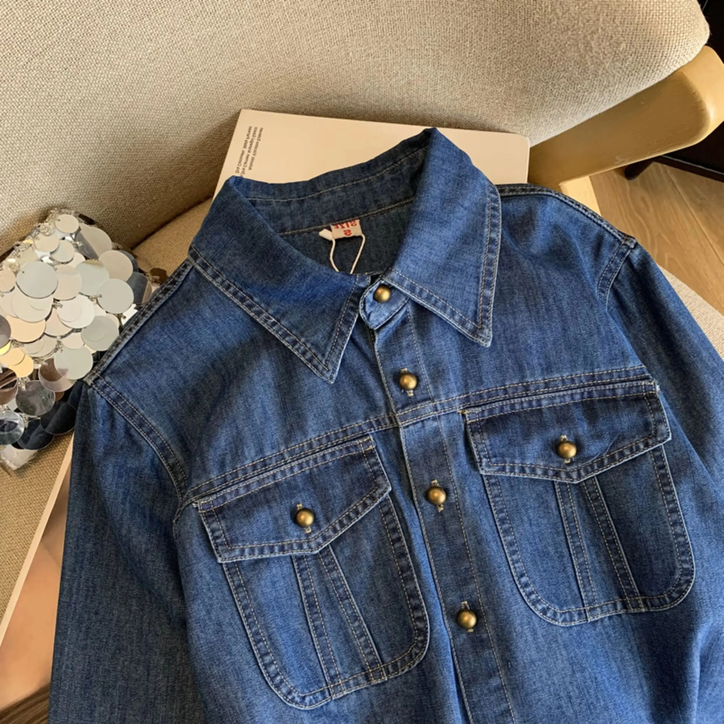 Vintage Blue Lapel Denim Shirt Women Long Sleeve Single Breasted Versatile Spring Autumn Casual Blouse 4
