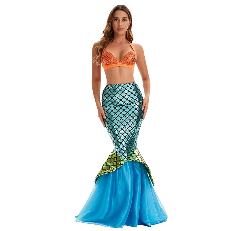 

Adult women's orange mermaid dress, mermaid princess cosplay, long skirt, stage party performance costume