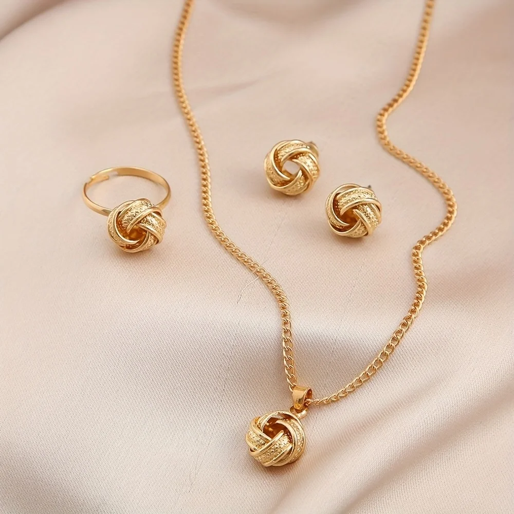 A set of hollow-out knotted three-dimensional round rings earrings necklace jewelry set lady dating gift