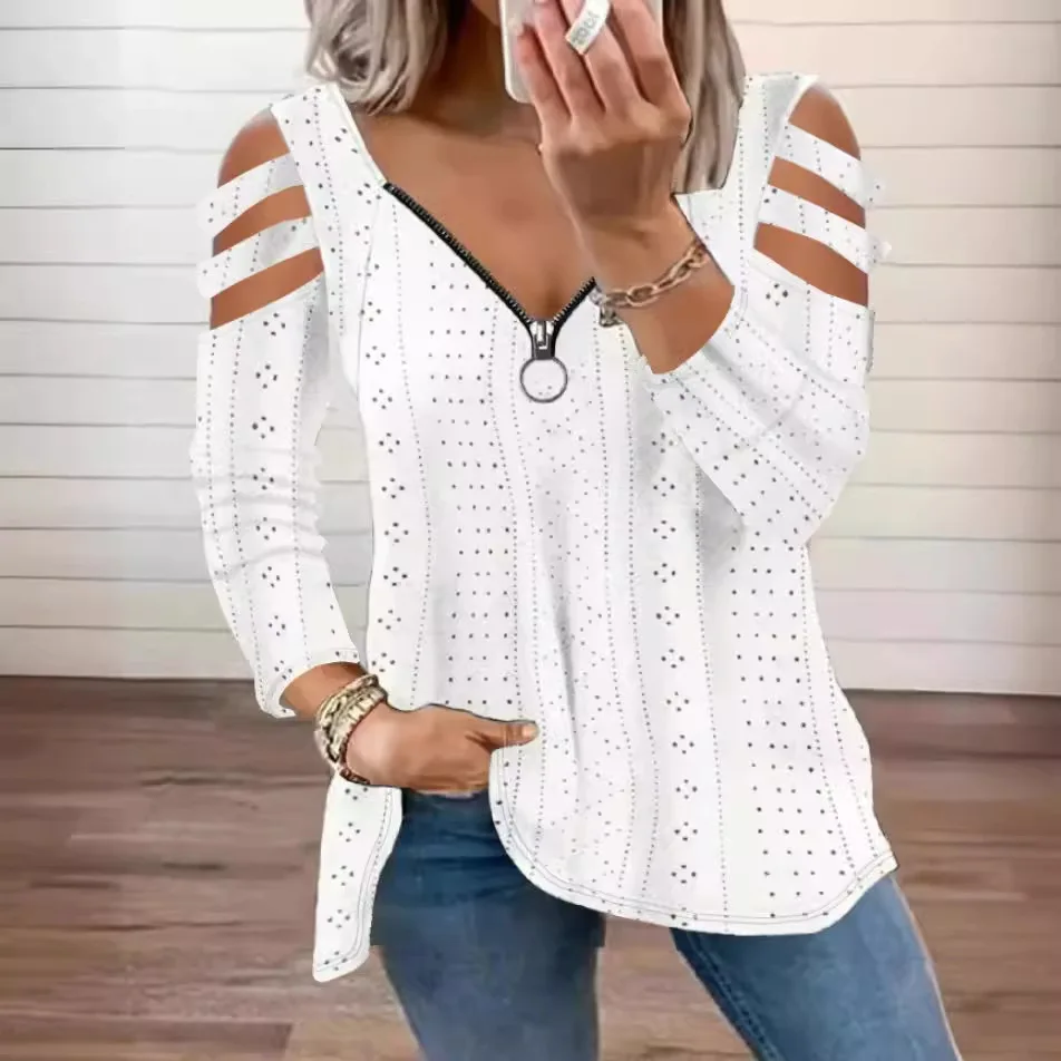 

Women White Hollow Out Autumn Blouse Casual V Neck Zipper Hollow Out Slim Spring European Style Pullover Shirt Fall Tops Tees