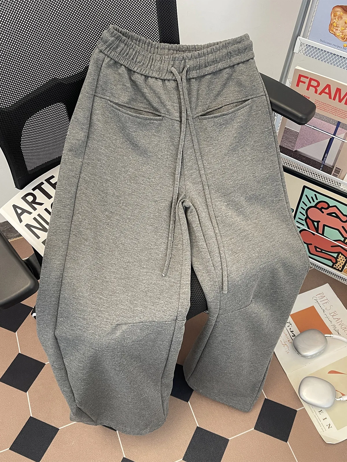 

American Fashion Splicing Sweatpants For Men Solid Color Drawstring Elastic Waist Autumn Casual Street Loose Sport Trousers