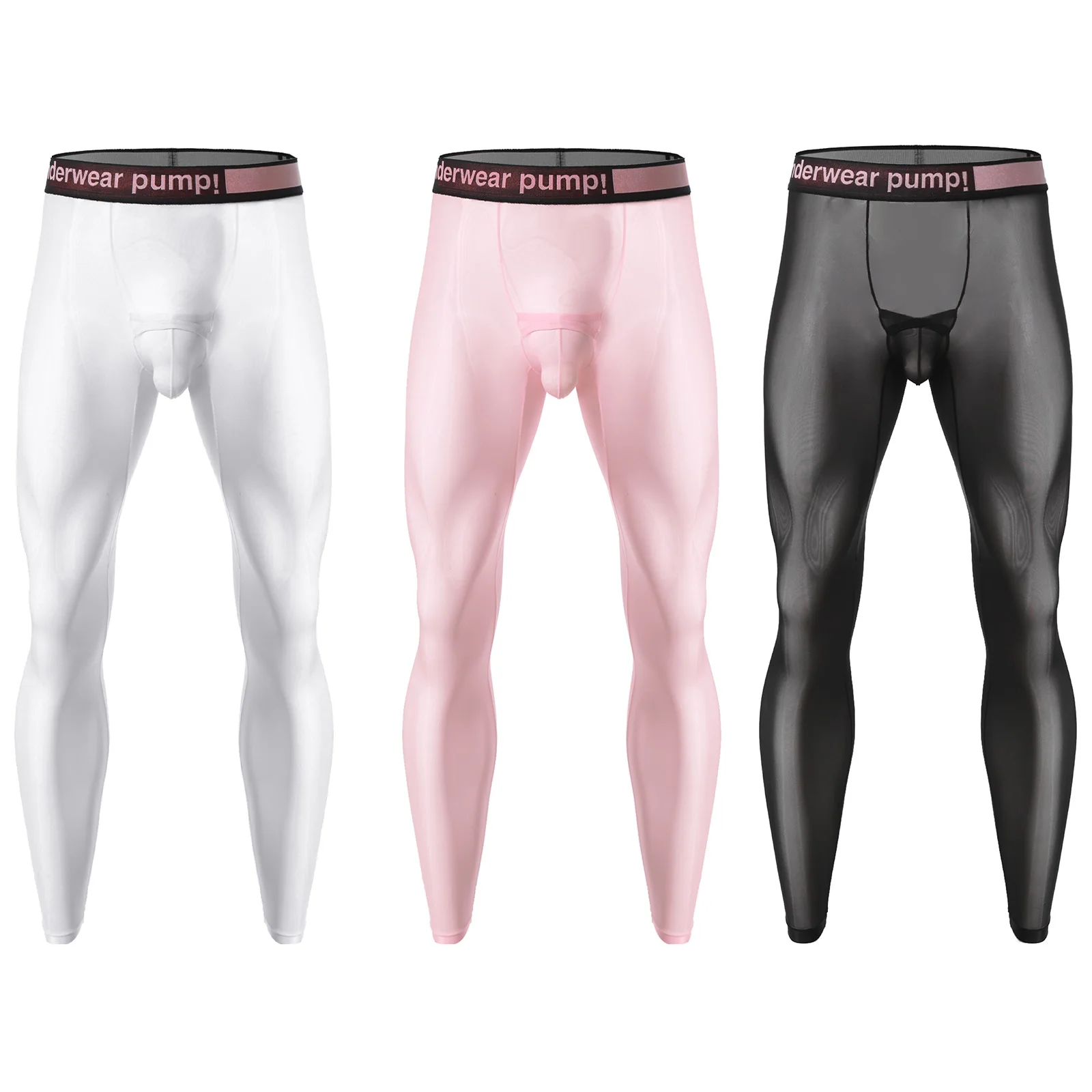 Mens See Through Compression Leggings Glossy Sheer Elastic Waistband Openable Bulge Pouch Skinny Pants Tights for Athletic Yoga