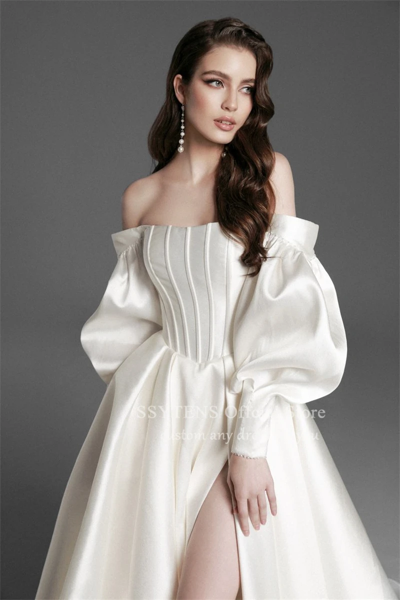 SSYTENS High Quality Wedding Dresses White Satin Slit Vestidos Bride Gowns Long Sleeves Lace Up Back Robe Mariage Civile Mariée