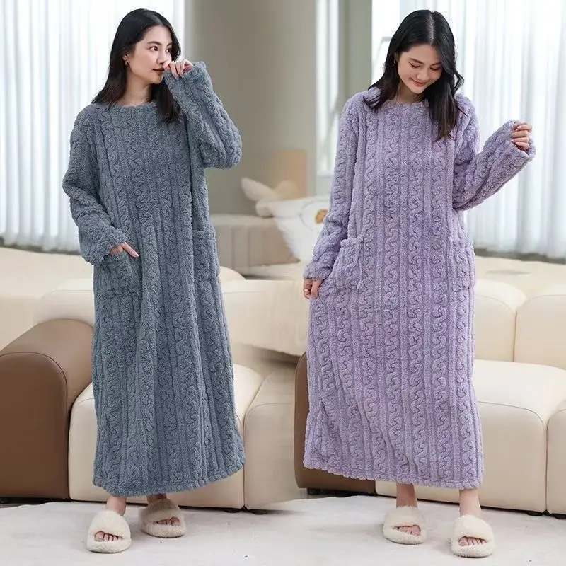‌ Szlafrok Walking Comforter - Szlafrok z polaru koralowego z kieszeniami, zimowa odzież domowa, sukienka do spania z żakardowym wzorem kwiatowym dla kobiet