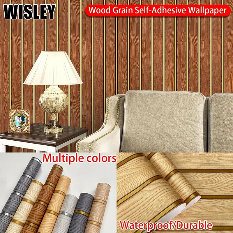 

10M Faux Wood Grating Stripe Self Adhesive Wallpaper for Cabinet Countertop Table Frame Living Room Bedroom TV Background Decor