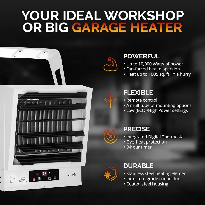 Newair Hardwired 240v Electric Workshop Garage Heater 10,000W Powerful Fan-Forced Rapid Heat for Ceiling, Wall or Counter Mount