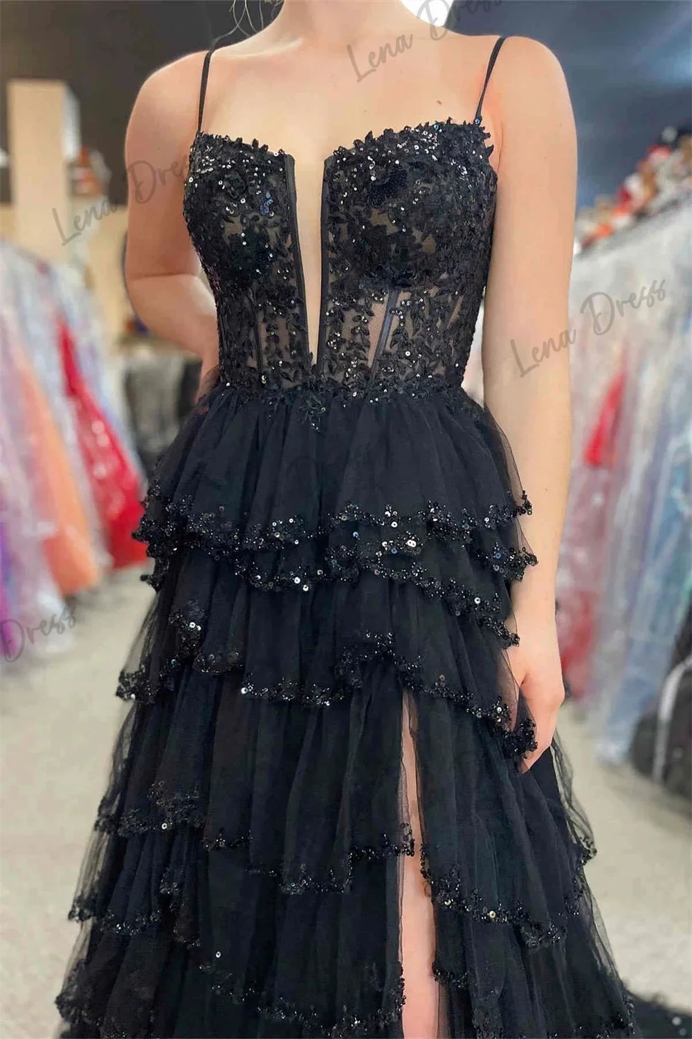 Lena Spaghetti Straps Evening Dresses Woman Elegant Dresses for Women Gala Party Dress Shiny Layered Black Side Slit Ball Gowns