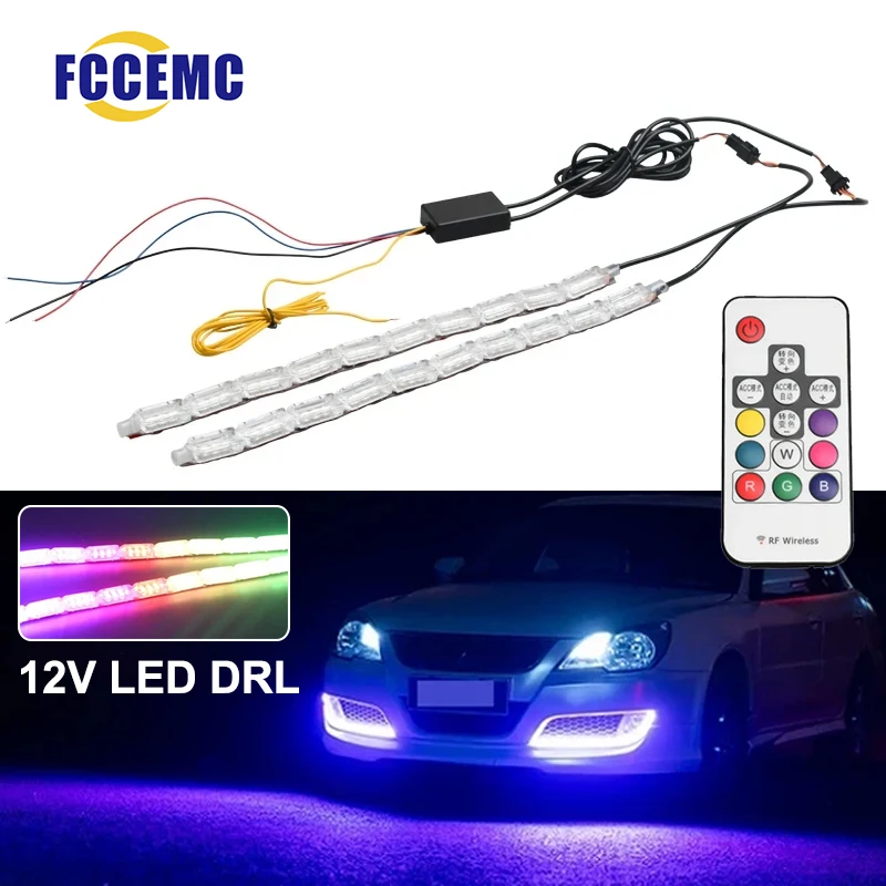 12v LED Daytime Running Lights RGB Car Headlight Decorative Turn Signal Light Multi-mode Neon Crystal Light With Remote Control